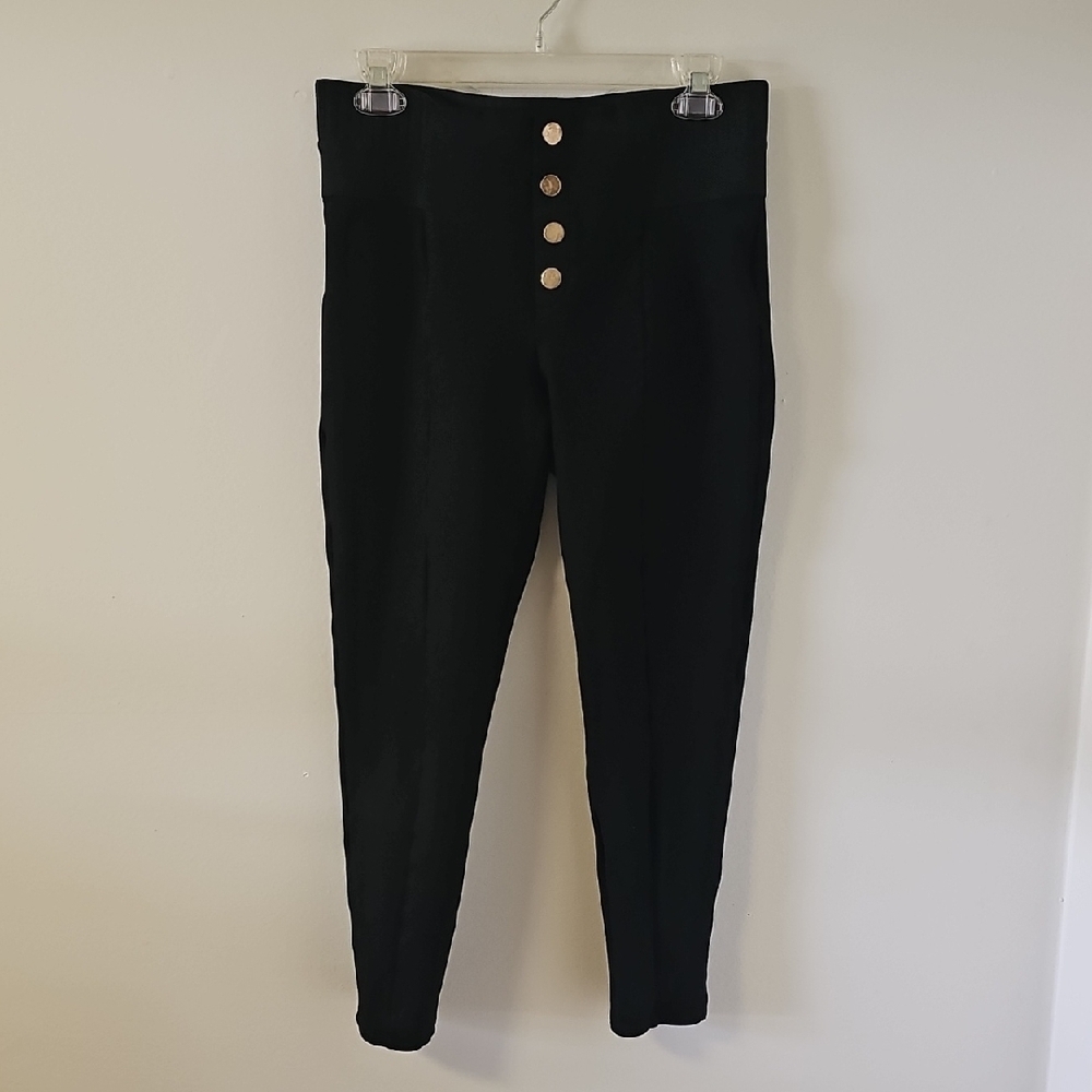 Zara Stretch Pant Black High-Waisted‎ Gold Buttons. Size Large.